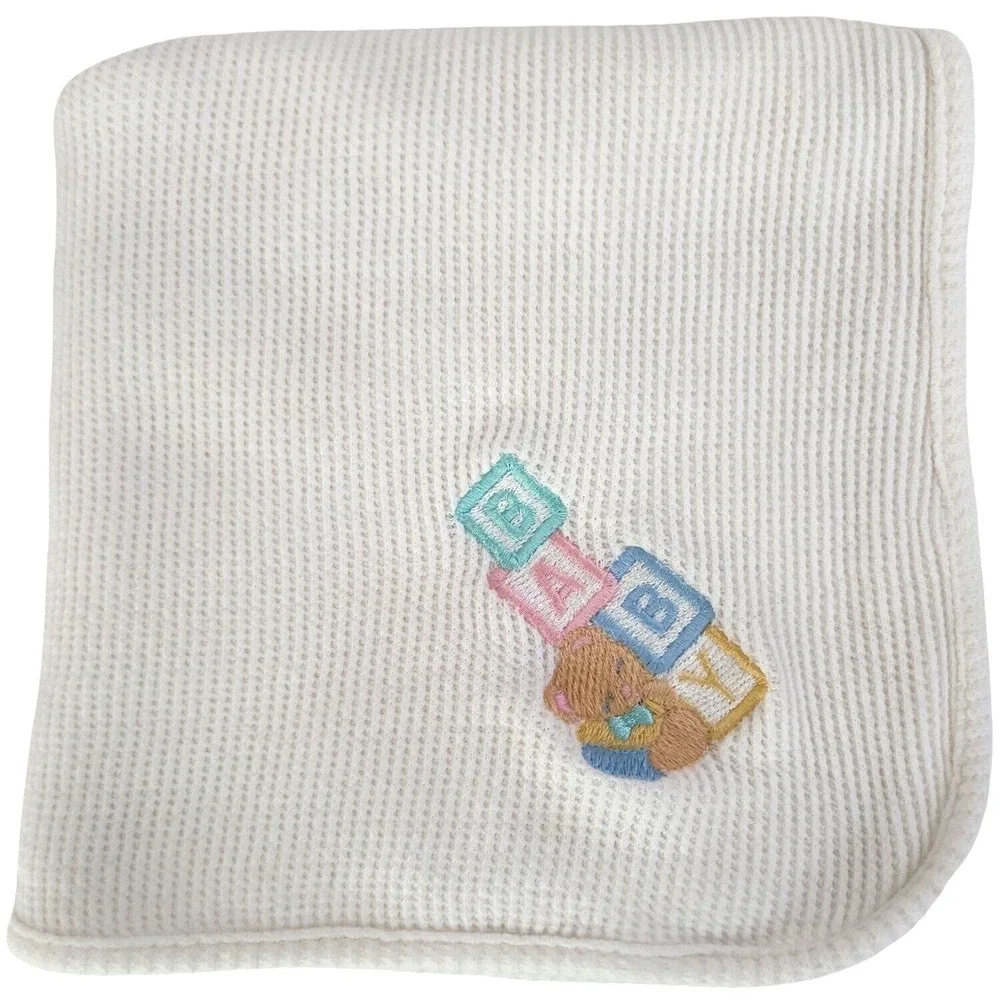 Vtg OWEN White Thermal Baby Blanket Bear Blocks Unisex Lovey 24x31 Embroidered‎